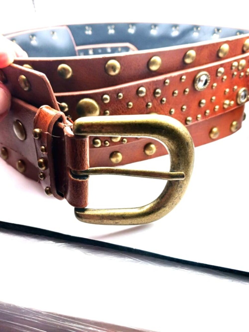 Western Studded + Rhinestone Wide Brown Faux Leather Belt 39 Inches Long